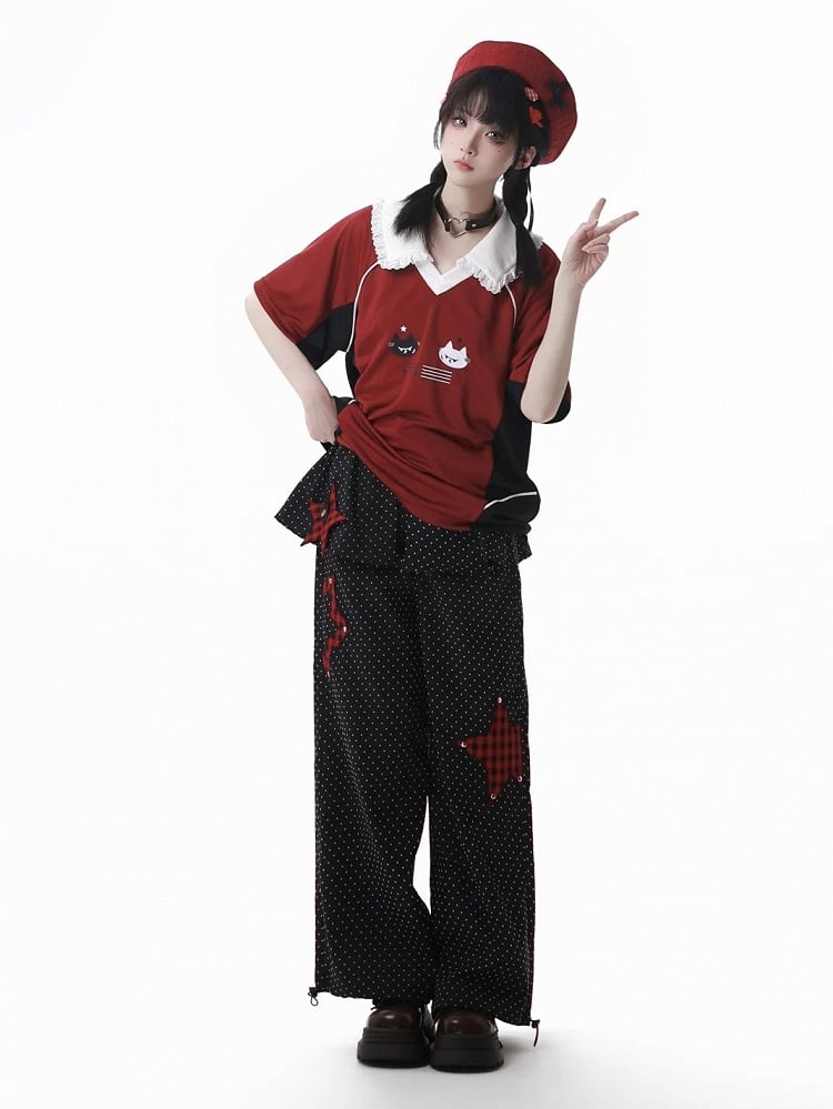 Cuffs Dot Casual Pants Red Plaid Star Applique Drawstring Black Polka