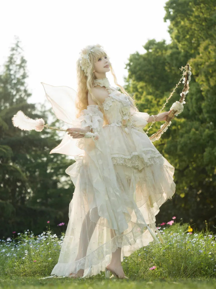 Lolita Fairycore Dress JSK Beige Full Design Princess and Set Butterfly Floral