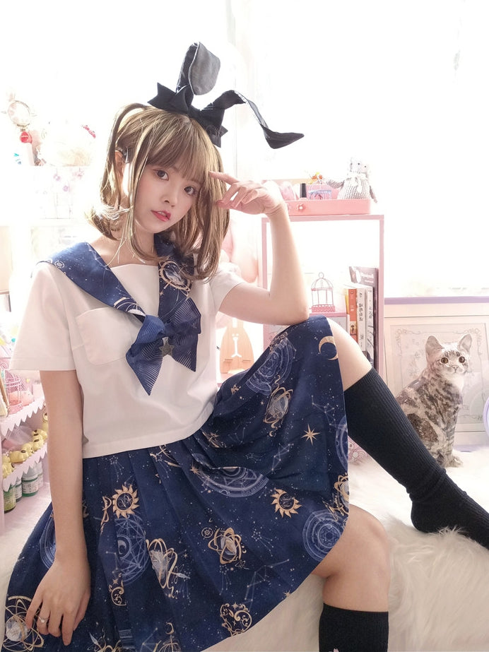 Dark Blue Celestial Globes Print Sailor Collar White JK Uniform Top