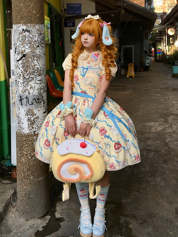Cute Lolita Dress Sweet Showa Jumper Yellow Kitty Cream Print Skirt Fluffy