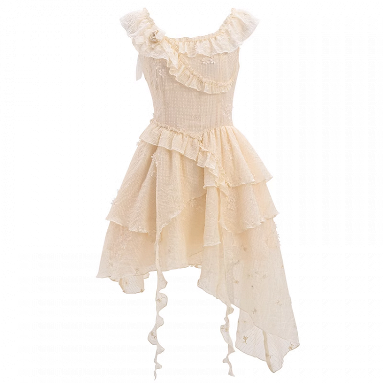 Tonal Beige Rüschen Ausschnitt Asymmetrische Urlaub Ärmelloses Kleid Saum Floral Stickerei