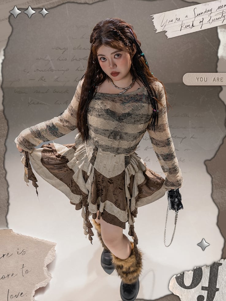 Plus Size Basque Waist Cascading Ruffles Distressed Wasteland Punk Brown Holes Cami Dress