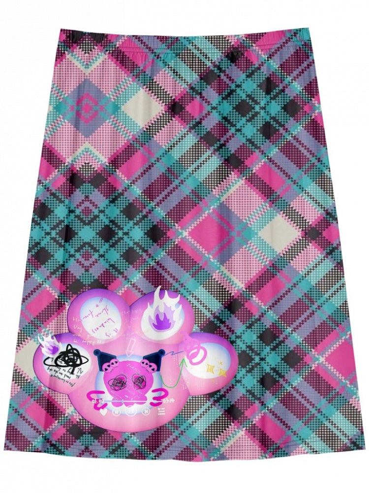 Skirt Cat Claw Pattern Y2K Print GreenPink Plaid