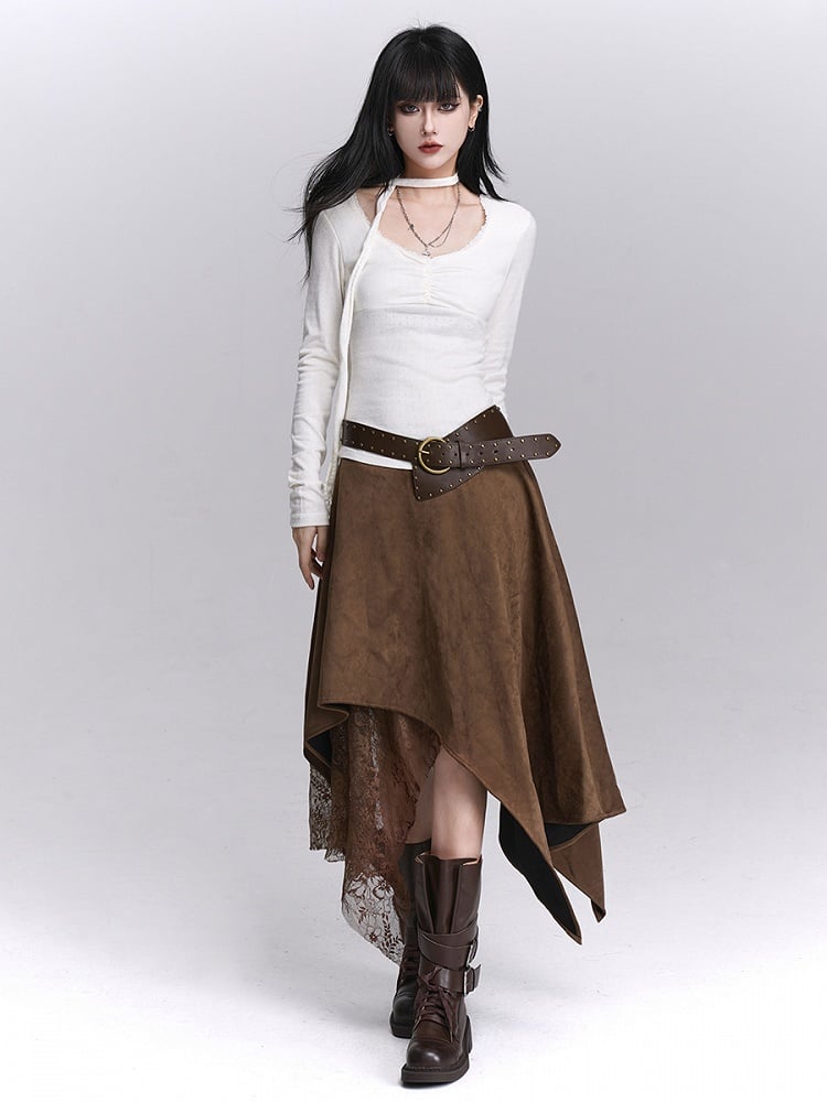 with Fashion Lace Handkerchief Hem Coffee Skirt Details Wasteland Patchwork Millard Suede