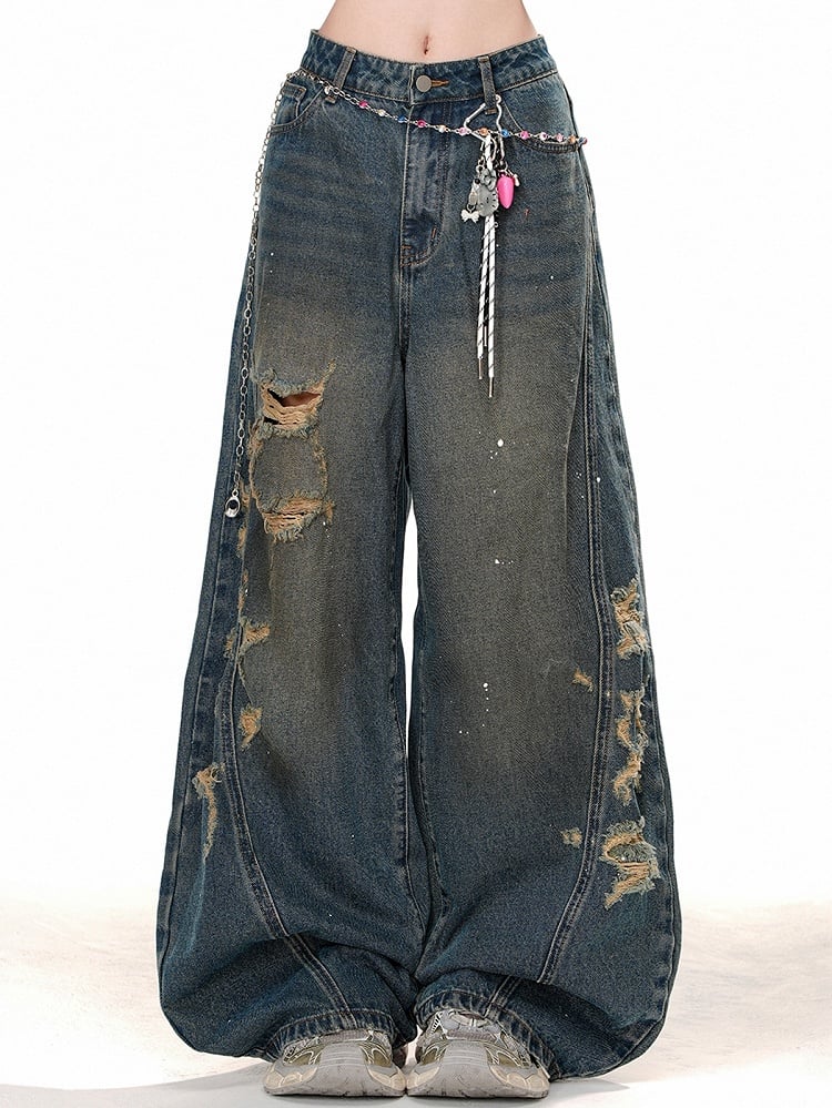 Denim Blue Distressed Holes Wide-leg Cut Jeans