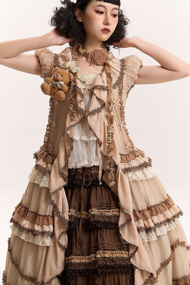 カスケードハウスのフリルフロントスタイルのプラケットドレス、ピンクコーヒーストラップ、ロリータ、セルフタイ