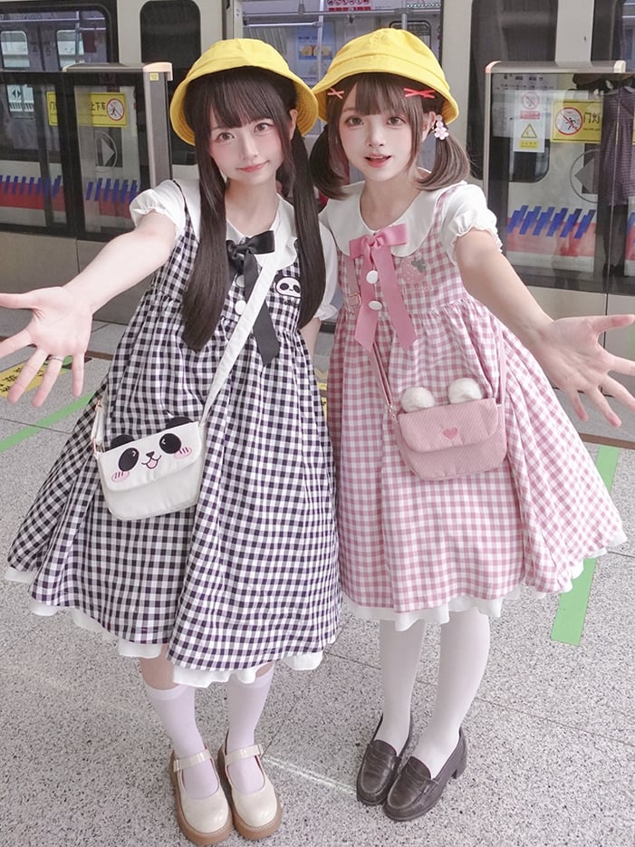 Pink Strawberry Peter Pan Collar Plaid Short Puff Sleeves Dress