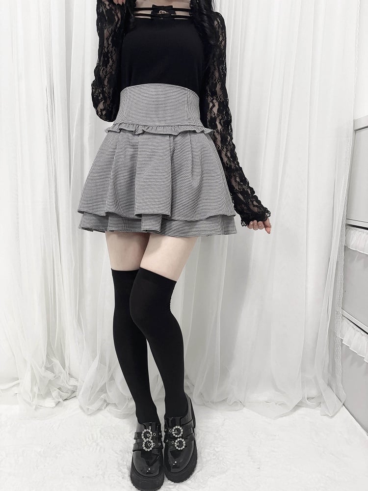 Houndstooth Black Corset Waist Double-Layered Skirt Jirai Kei