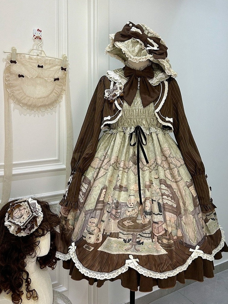 Print Lolita Two Teddy House Pieces Dress Coffee Design Long Green Sleeves Fake