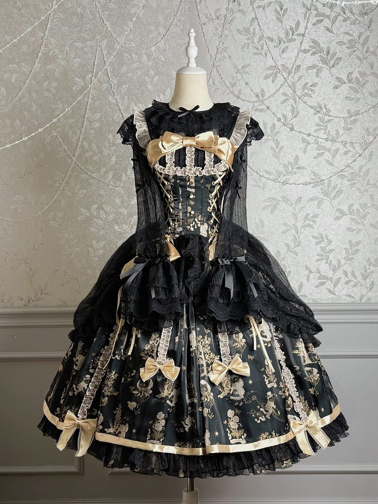 Waist Overlay Lolita and Drawstring Jumper Skirt Corset Black Gold