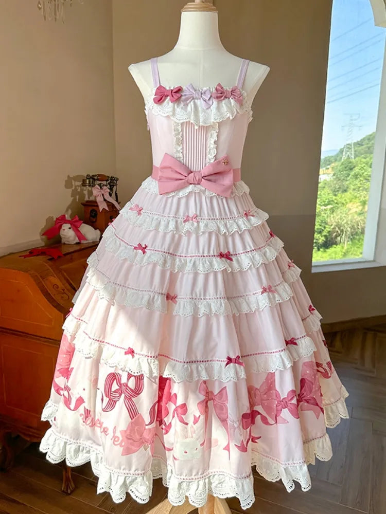 Skirt Sweet Pink Cute and Dress Jumper Bows Print Lolita Bunny
