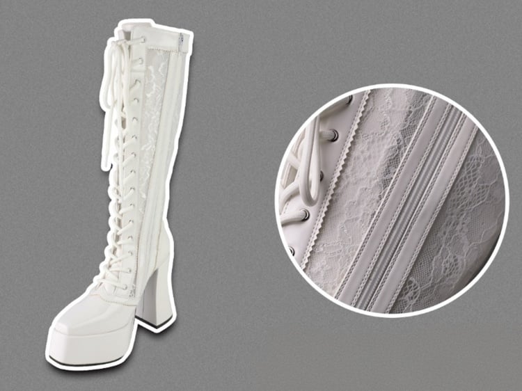 Gothic White Front Lace-up Ties Lace Platform High Block Heel Knee-high Boots