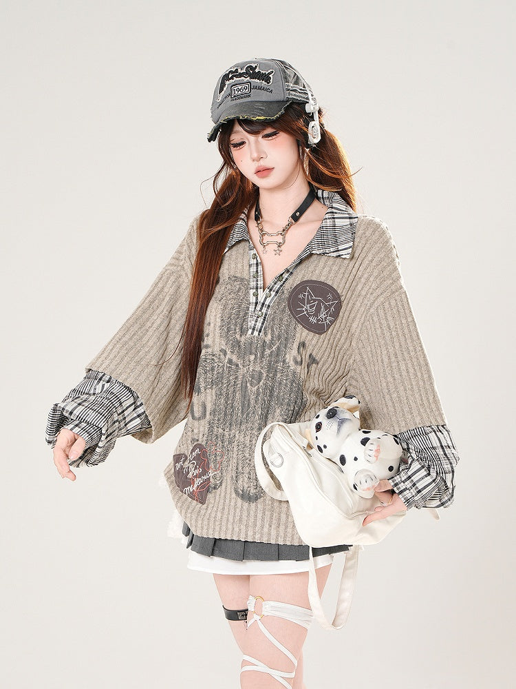 Plaid Print Bear Top: Beige-Gray with and Patchwork Knit V-Neck Preppy