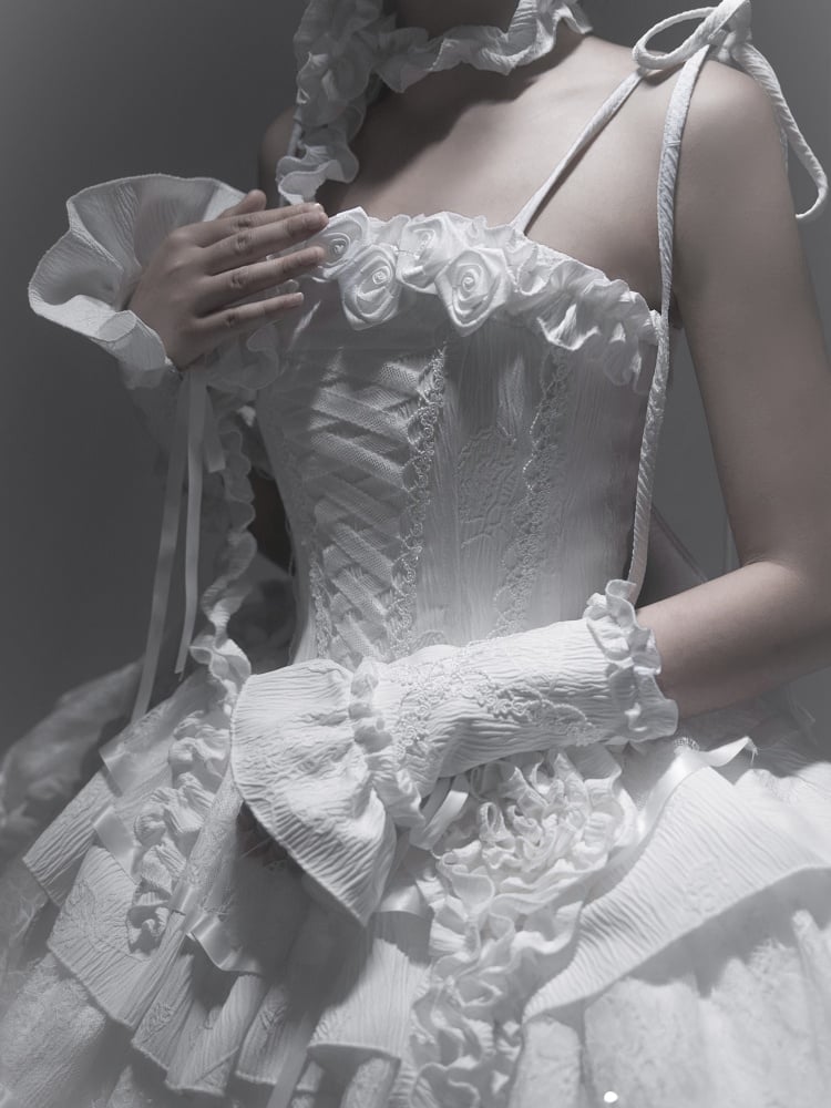 Robe gothique Lolita à col en V et manches papillons, motif ange et roses blanches