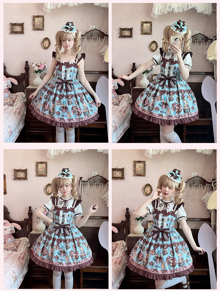 Lolita Dress Sleeves Vintage Teddy Bear Print Sweet Flutter Mint Green JSK