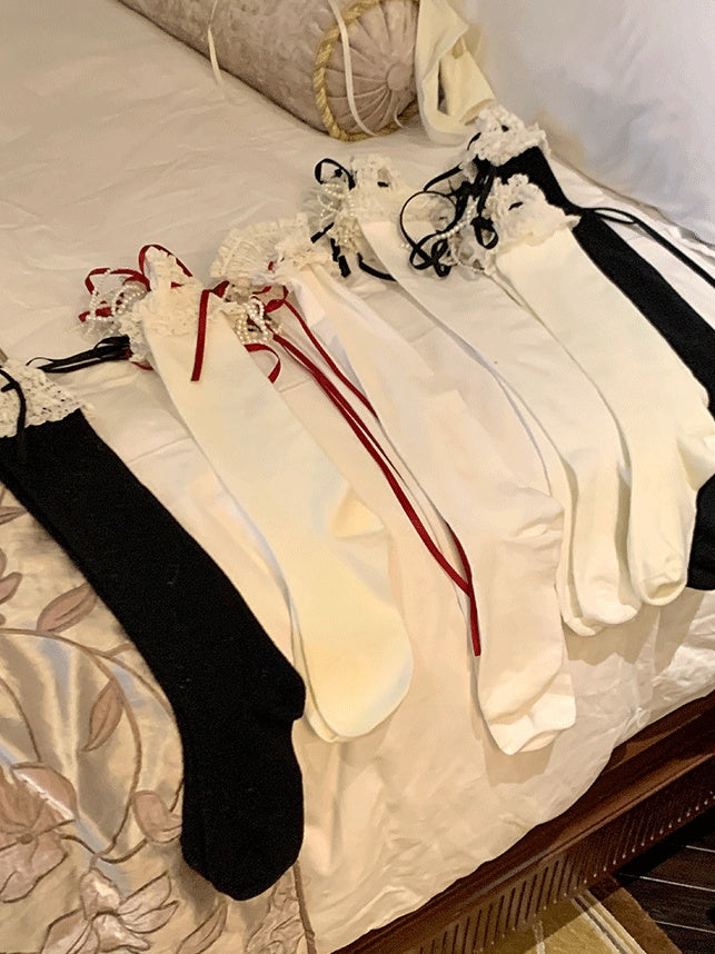 Chaussettes à nœud et bordure en dentelle douce