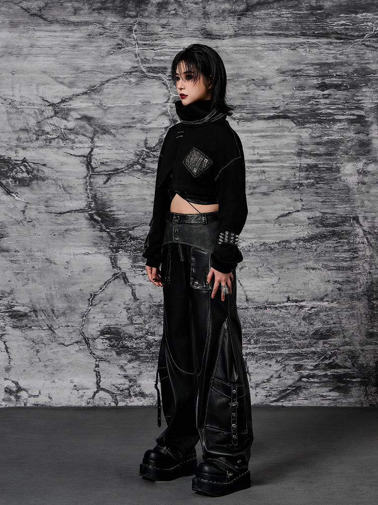 Black PU Punk Cargo Pants With Adjustable Metal Straps