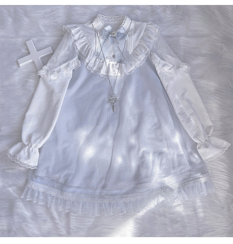 Robe Jirai Kei bleu clair à manches longues et bordures en dentelle style mines terrestres