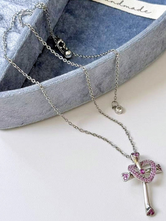Heart And Pendant Rhinestone Pink/Blue/Green Necklace Y2K Cross Bittersweet