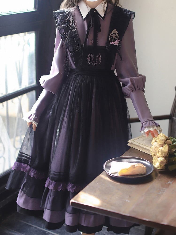 Front with Trim Embroidery Detail and Mesh Apron Dress Purple Lace Black at