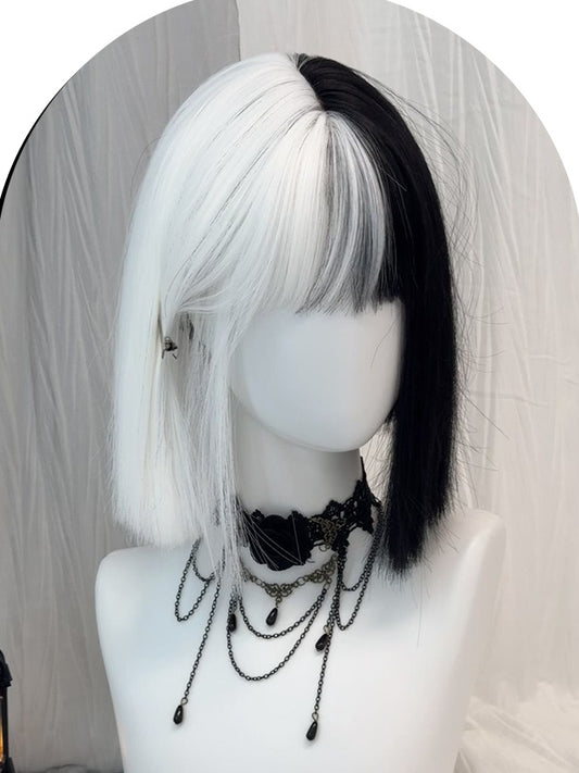 Black&White Split Color Shoulder Length Straight Synthetic Wig With Bangs