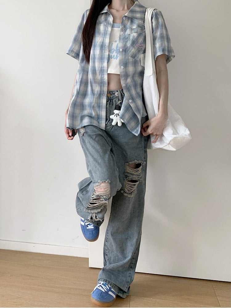 Straight-leg Jeans Blue Low Charm Free Rise Distressed Holes with