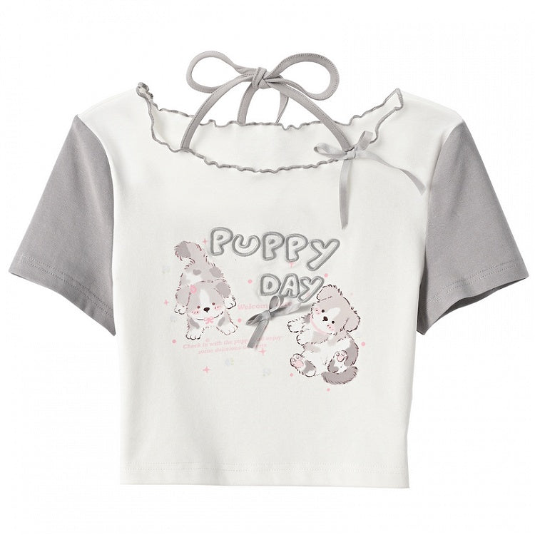 Gray Adorable Puppy Print Bowknot Long/Short Detail Version T-Shirt