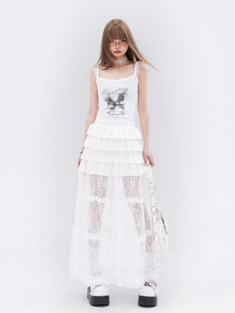 Long White Lace Skirt Hem Ruffle Tiered