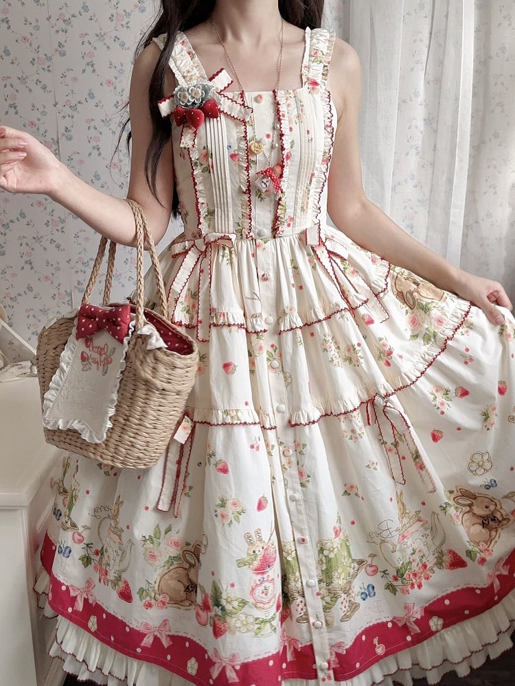 Bunny Pink House Dress Hemline Print Lolita Red Fashion and Strawberry