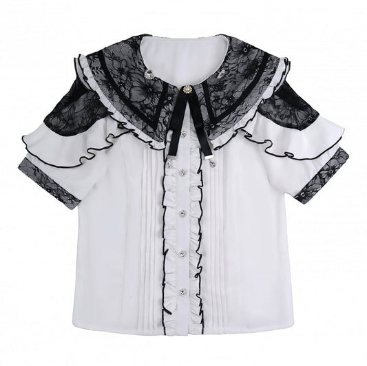 Jirai Kei – Weiße Bluse mit Doppelschleifenkragen und schwarzen Spitzendetails an den Schultern