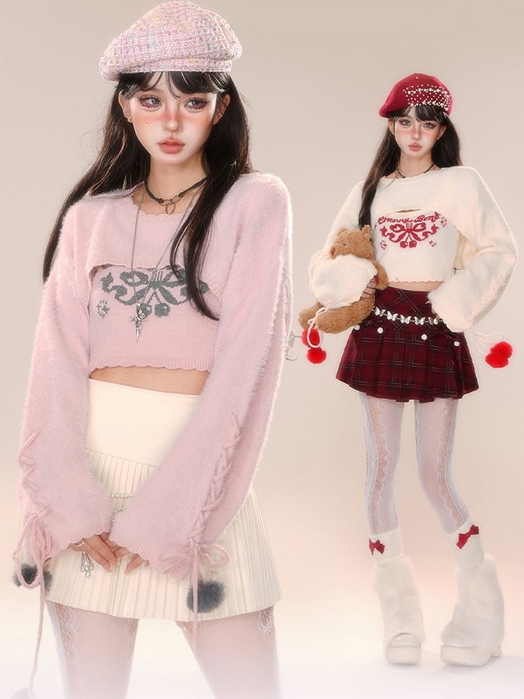 ピンクアプリコットの蝶結びクロップドトップス(シュラッグ付き)