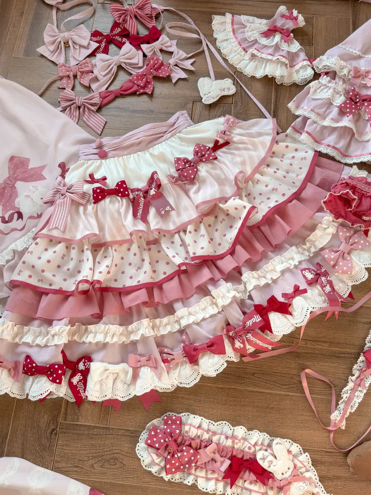 Lolita Sweet Pink Polka-dots Bow Skirt Ruffle Accents Tiered Pattern