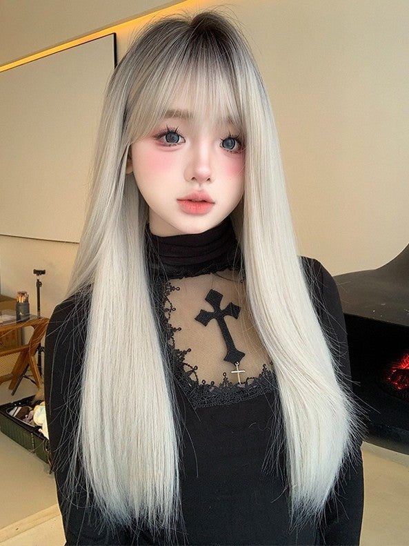 Straight Ombre Wig Length With Air 66CM Black-White Bangs