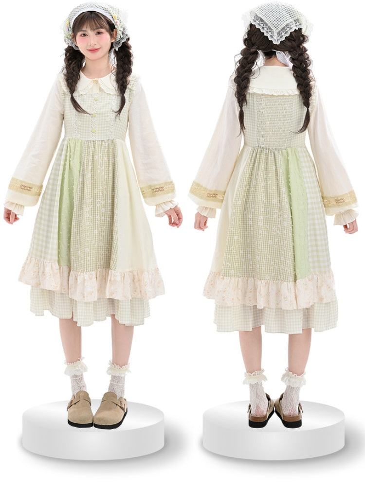 Light Sleeves Tiered Mori Kei Green Plaid Flutter Skirt Sleeveless Dress