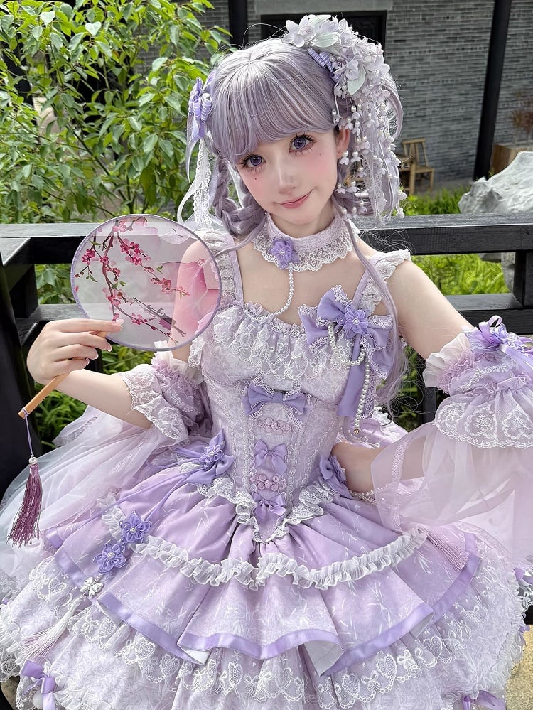 and Chains Dress Flower Lolita Waist Qi Corset Bow Bead Purple Accents