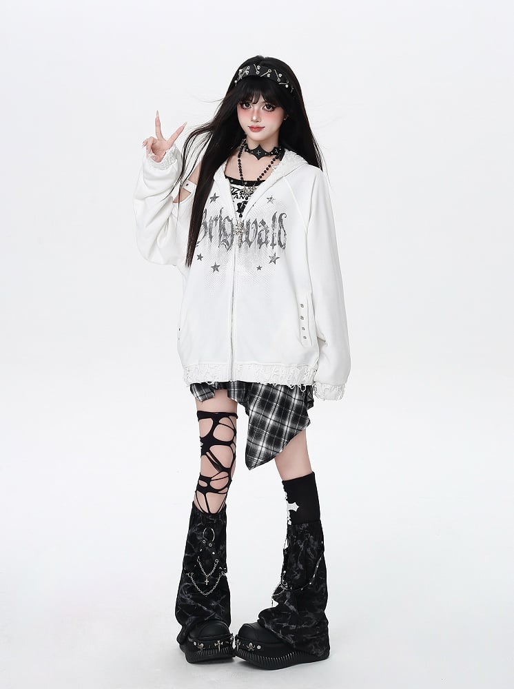 Zip-up Hooded Jacket with Distressed Holes and Cutout Shoulder White/Black