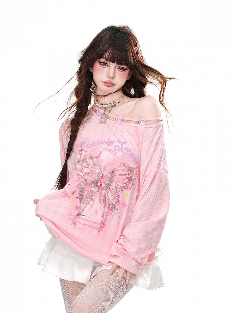 Graphic Pink/Apricot Asymmetrical Neckline Butterfly Embroidered Loose Top