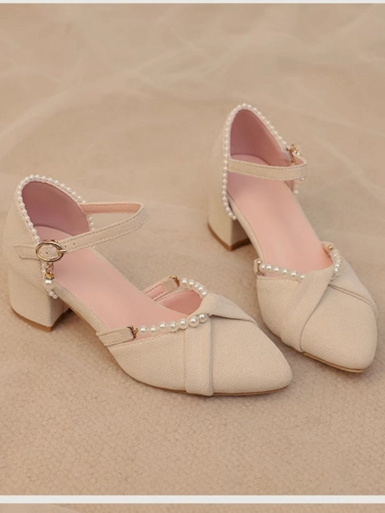 Beige Beads and Back Heel Suede Details Chain Qi Sandals Toe Detachable Lolita with Pointed Mid