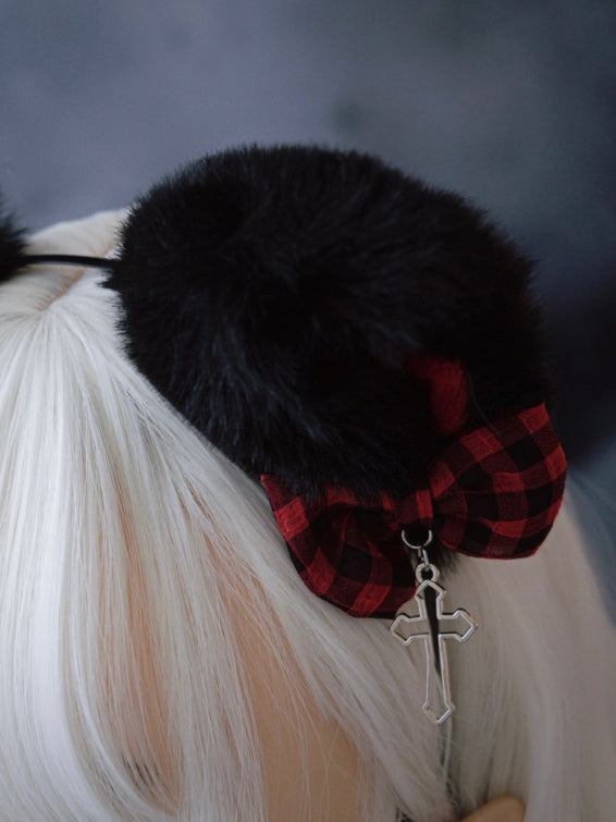 Black KC And With Cross Cat Bowknot Ear Charm Red Design Plaid Pattern