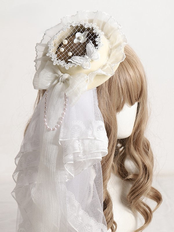 and White/Yellow with Mesh Hat Mini Lolita Bead Chain Veil Layered