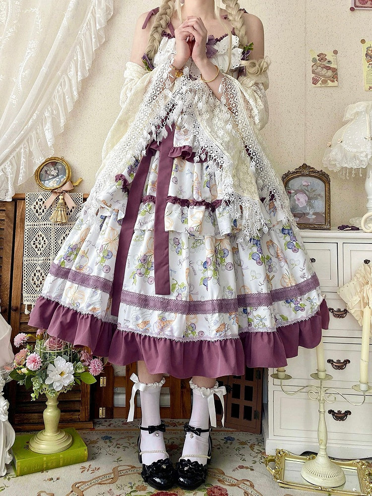 Lolita Ruffle and Ice Cream Purple Skirt Tiered Blueberry Dress Print Trimming