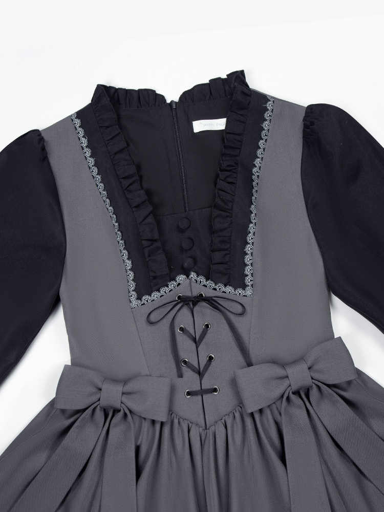 Black and Gray Elegant Square Neckline Spring Long Bishop Sleeves Lolita Dress