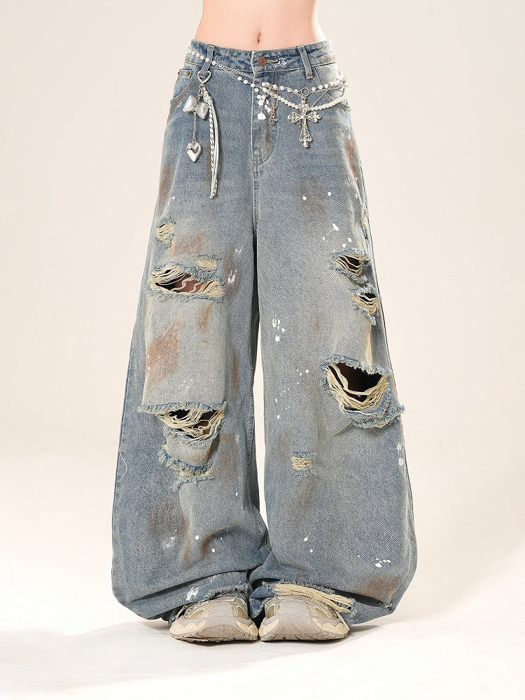 Wide-Leg Jeans Rise Distressed Holes Spray Blue Low Print Paint