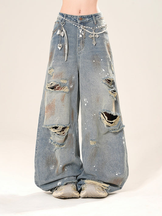 Wide-Leg Jeans Rise Distressed Holes Spray Blue Low Print Paint