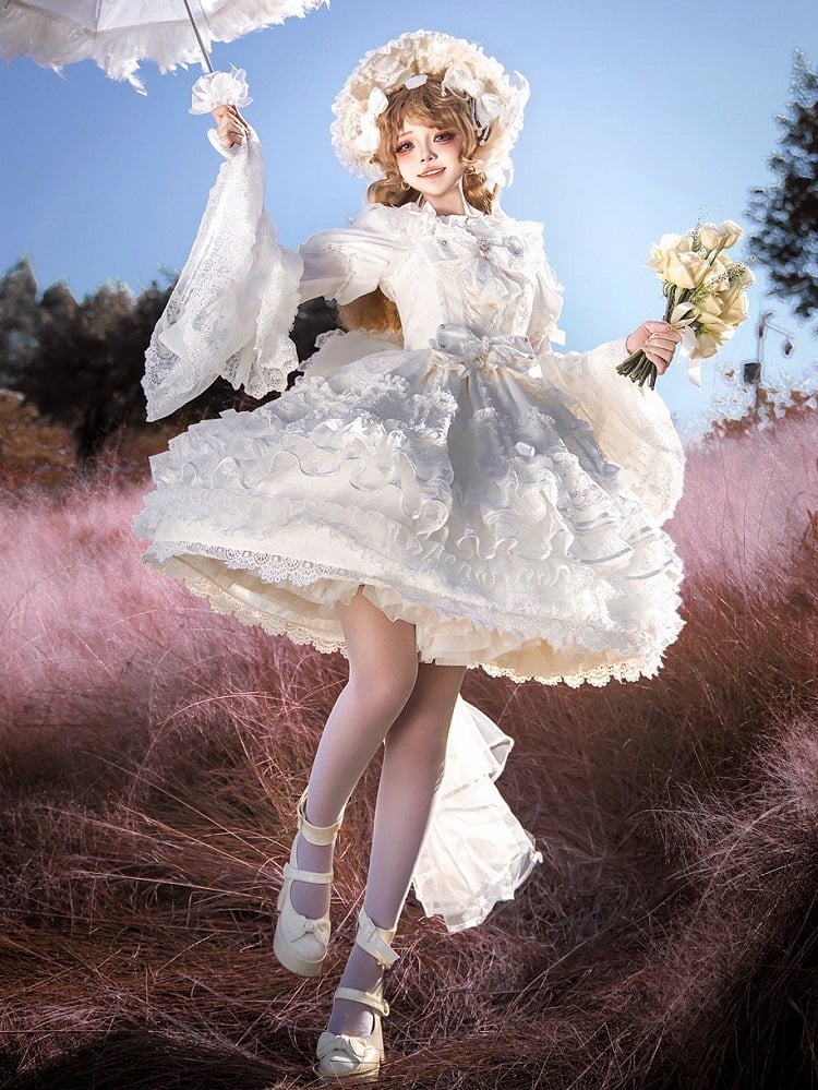 Weißer Shiro Hanayome Bowknots verzierter Lagenrock Sweet Hime Lolita Pulloverrock-Set