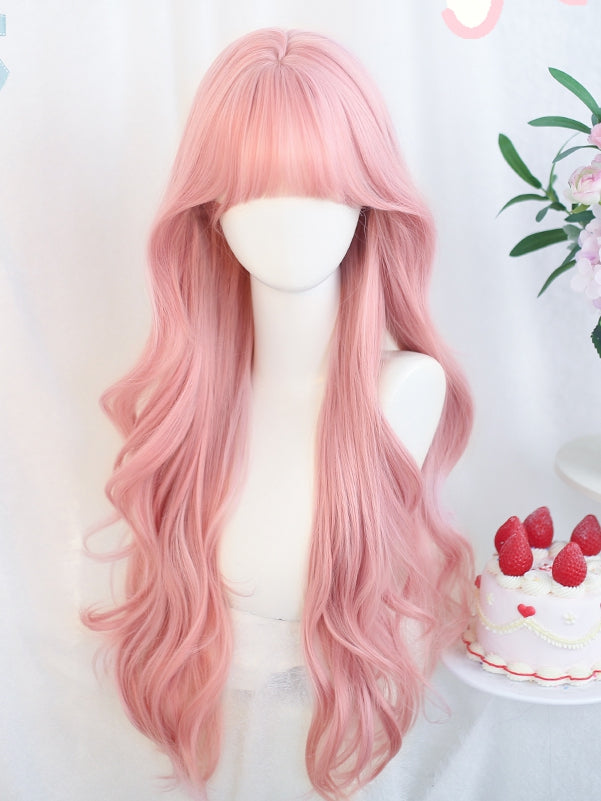 80-85cm Wavy Bangs Pink WIth Long Wig