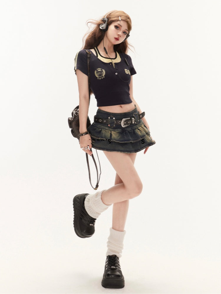 Cropped T-Shirt Navy Blue Halter Neck Glamorous Two-pieces Faux