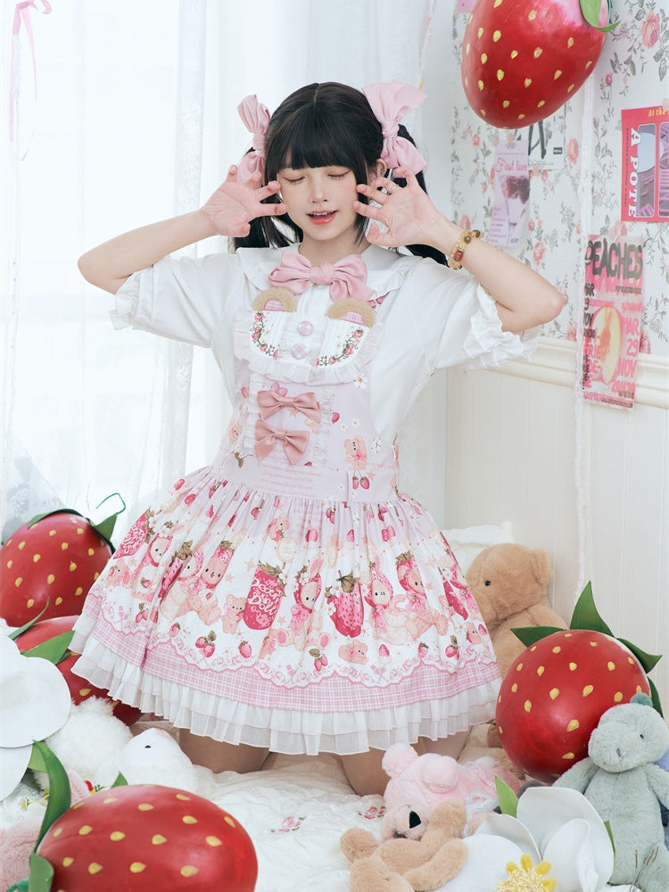 Pink Strawberry Bear Sweet Lolita Dress Cottagecore Country Jumper Skirt