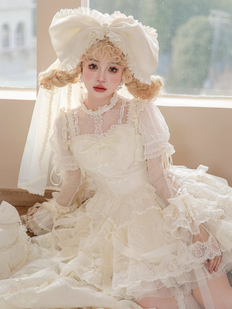 Dress Princess Lolita White Waist on and Ribbon Bows Beads Basque Skirt Creamy