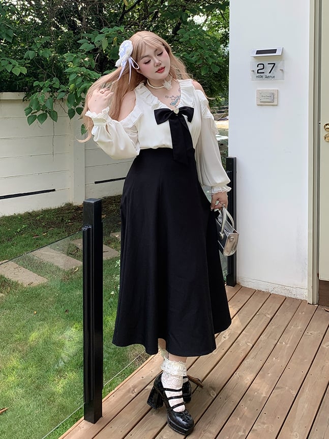 / Bowknot Abnehmbare Schulter Plus Größe Schwarz Taille Kleid Ausschnitt mit Hohe Rosa und